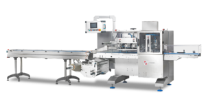 Macchina confezionatrice orizzontale tipo “flow pack” con la quale è possibile ottenere confezioni saldate su tre lati partendo da materiale d’incarto flessibile in bobina.